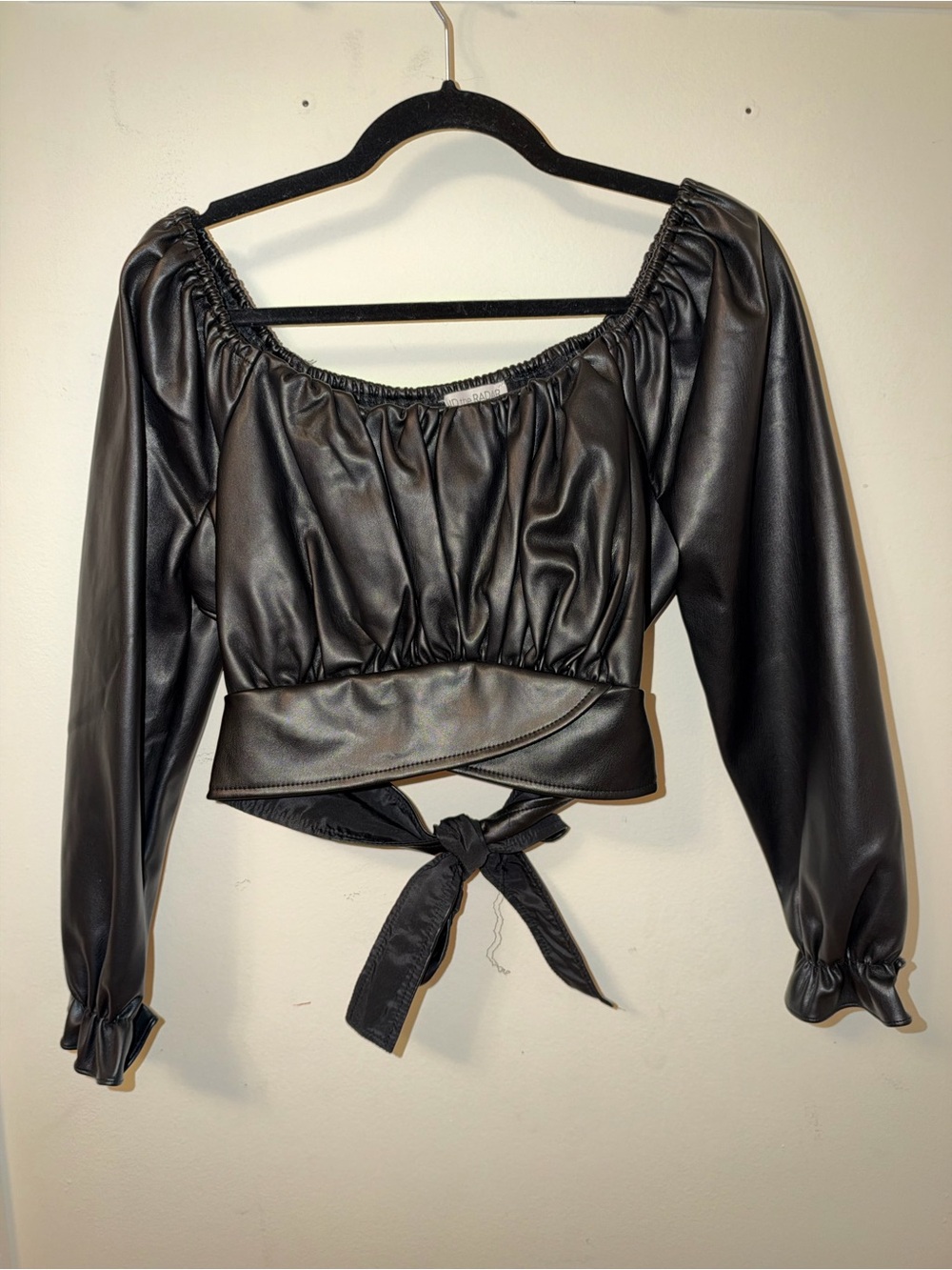 Black Faux Leather Tie-Back Long-Sleeve Crop Top